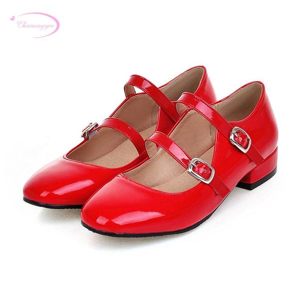 

chainingyee sweet style comfortable square toe pumps fashion belt buckle platform black red silver low heel women's shoes