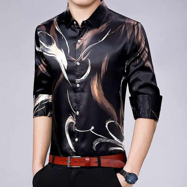 

village clothes father's chinese style printed silk middle aged men's loose long sleeve casual flower shirt, White;black