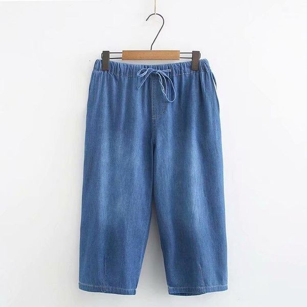 

plus size women elastic track cord taille cropped skinny denim jean capri korte1, Blue