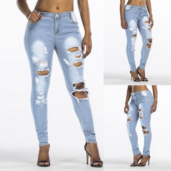 

women slim washed ripped hole gradient long jeans denim regular pants w8141, Blue