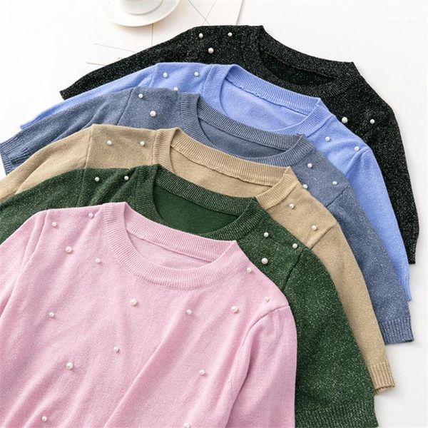 

glitter bead pearl thin knitted t shirt female short sleeve tshirt women 2020 korean summer casual t-shirt female shirt1, White