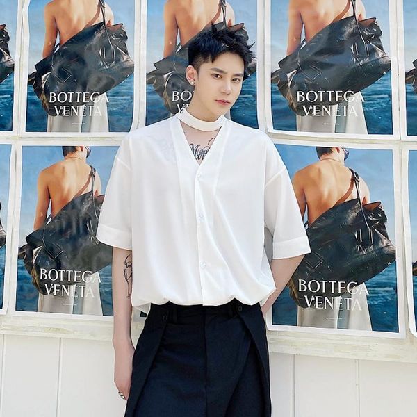 

men's casual shirts summer fashion trends 2021 men v-neck white shirt short sleeve button hip hop dress blouse camisa masculina, White;black