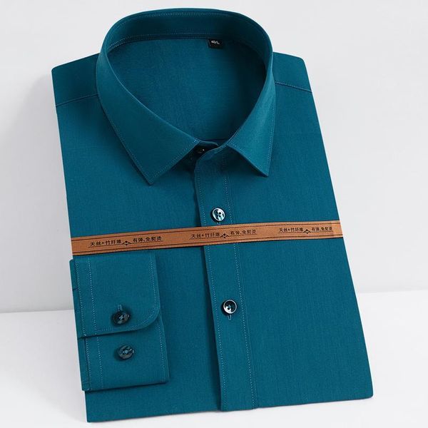 

men's fashion bamboo fiber solid dress shirts pocket-less design long sleeve standard-fit formal business casual stretch shirt, White;black