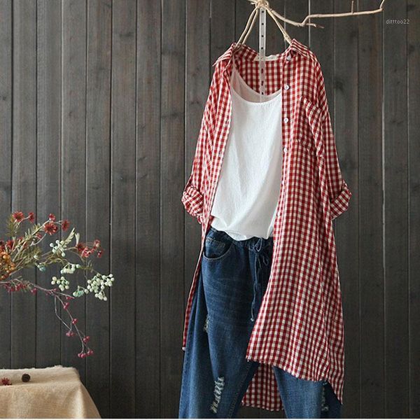 

women's blouses & shirts cotton turn-down collar plaid long sleeve shirt blouse plus size 5xl casual maxi 2021 summer womens1, White