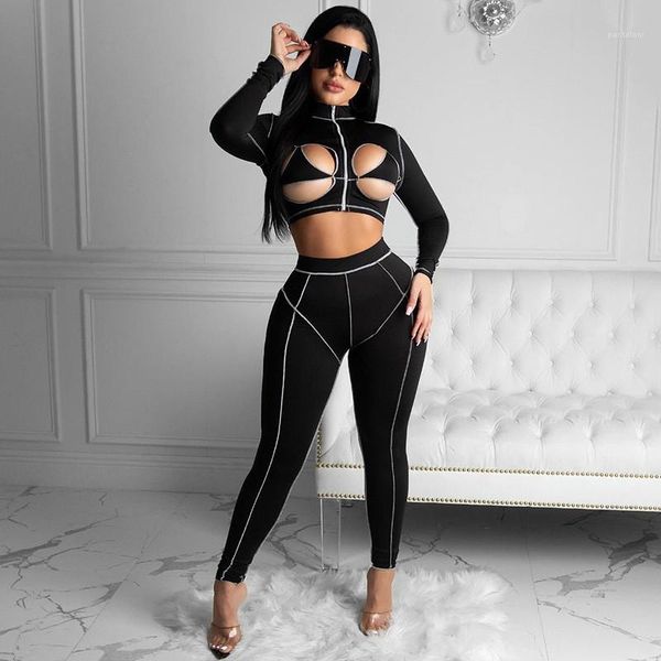 

tracksuits fashion hollow out long sleeve long sleeve long pants womens 2pcs sets casual panelled solid color clothing womens designer, Gray