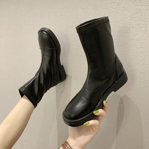 

thin and thin boots female new socks shoes round toe short boots fashion wild knight short personality women's shoes tide1, Black