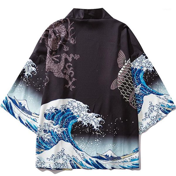 

black kimono cardigan women men japanese obi male yukata men's haori japanese wave carp print coat traditional japan clothing1, Red
