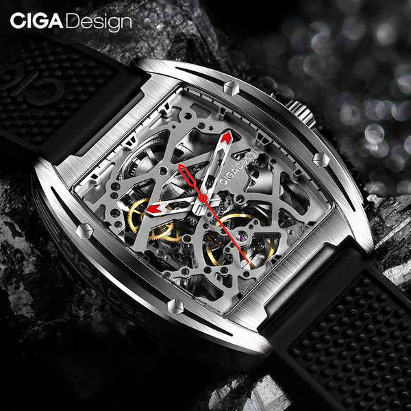 

ciga design watch automatic mechanical wristwatch stainless steel case sapphire crystal timepiece skeleton dial silicone strap, Slivery;brown