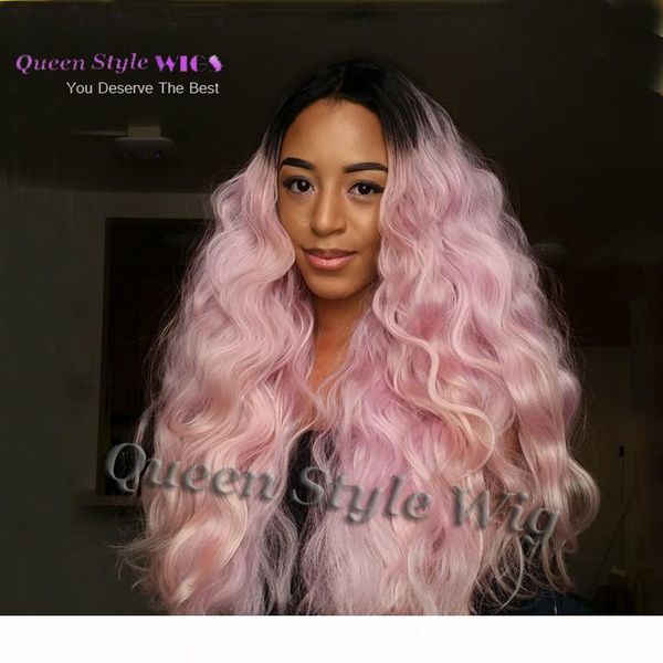 

new arrival synthetic dark black roots ombre light pink natural curly hair lace front wig two tone water curly hair wigs lace frontal