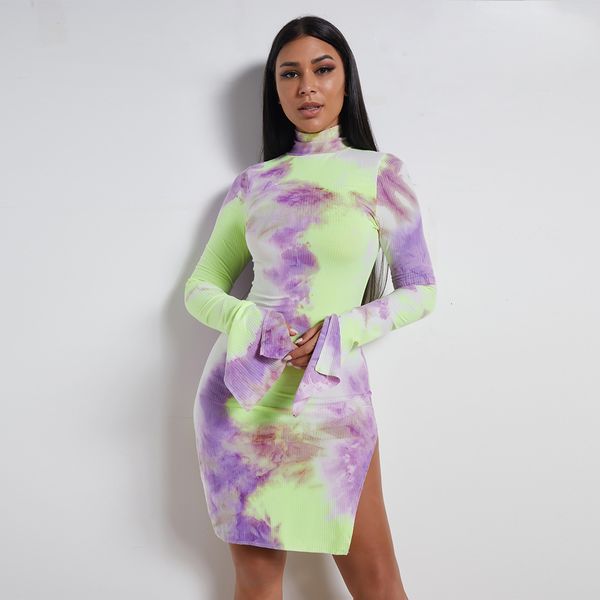 

women's summer new fashion casual cotton tie dyed rib long sleeve slim dress 8604 swimsuit bandage bathing suits pad