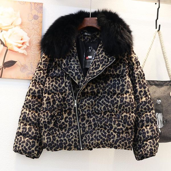 

winter thick clothes women leopard print casual loose short cotton-padded jacket detachable fur collar lapel parka coat, Black