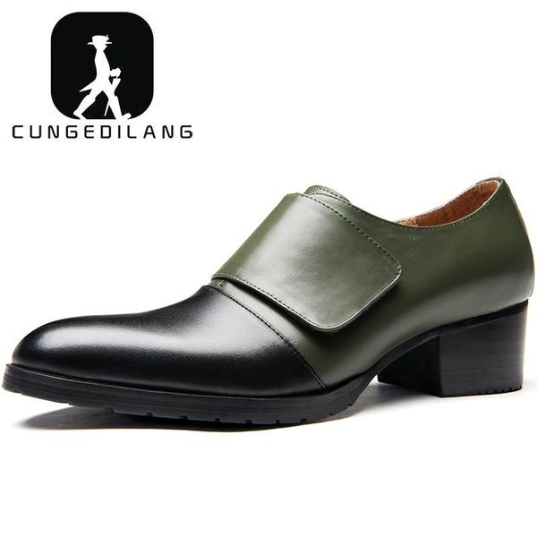 

dress shoes genuine leather men high heels round toe slip on height increase men's wedding dance party, Black
