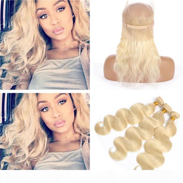 

#613 blonde brazilian body wave human hair extension with 360 closure bleach blonde virgin hair 360 lace frontal 22.5x4x2 with weave bundles, Black;brown