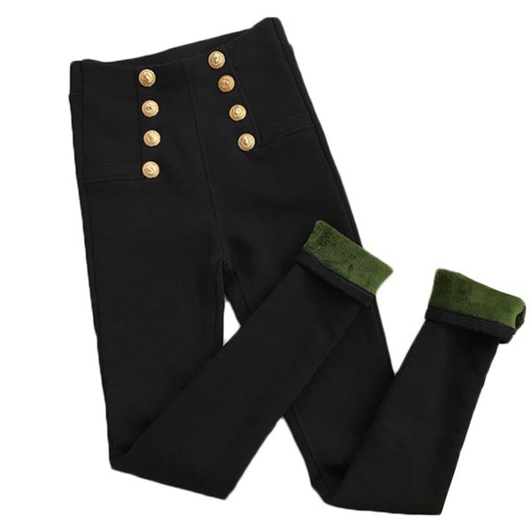 

2021 new winter women trousers new velvet warm tight pencil elastic high waist double breasted black female pants ms94, Black;white