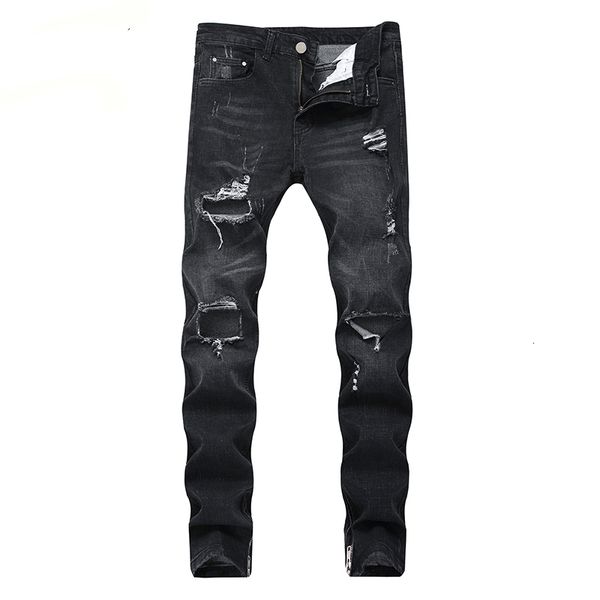 

ripped long denim knee torn hole men ny motorcycle bla ruined distressed slim-fit brand jeans plus size pants, Blue