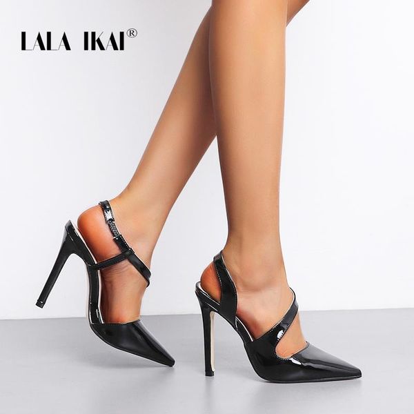 

lala ikai 2021 summer pointed toe high-heeled sandals patent leather high thin heeled roman shoes hollow women shoes xwc6833-4, Black