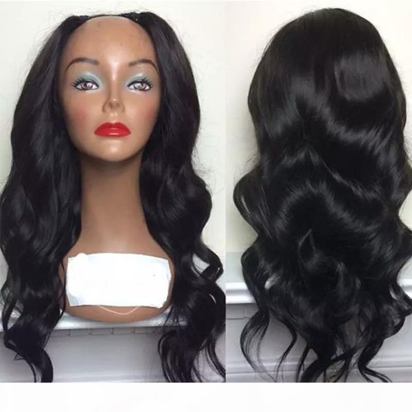 

u part wavy human hair wigs black women remy body wave virgin peruvian upart wig middle part with baby hair, Black;brown