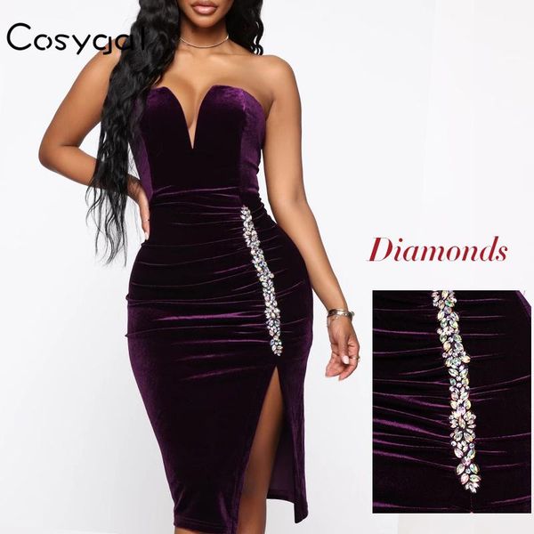 

cosygal 2021 winter velvet strapless dress women night party clubwear diamonds dress knee length side split bodycon dresses, Black;gray