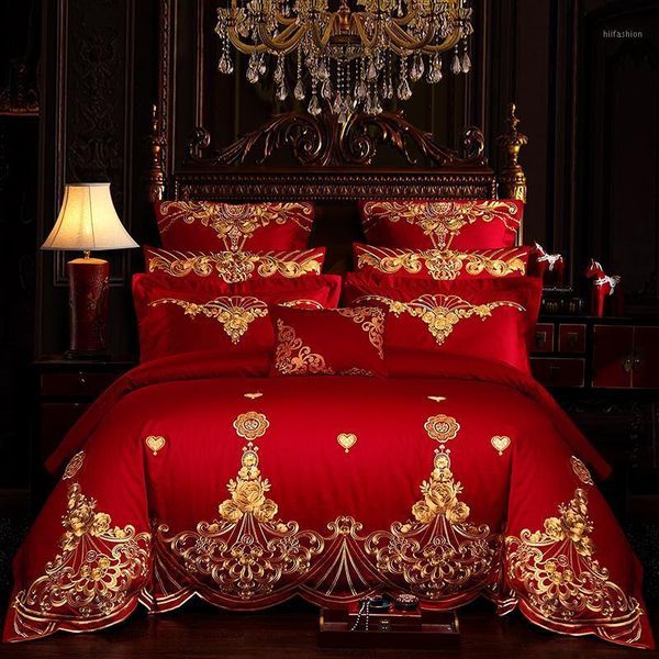 

j1 gold rose embroidery european wedding red bedding set 100% cotton duvet cover bed sheet/linen bedspread pillowcase1