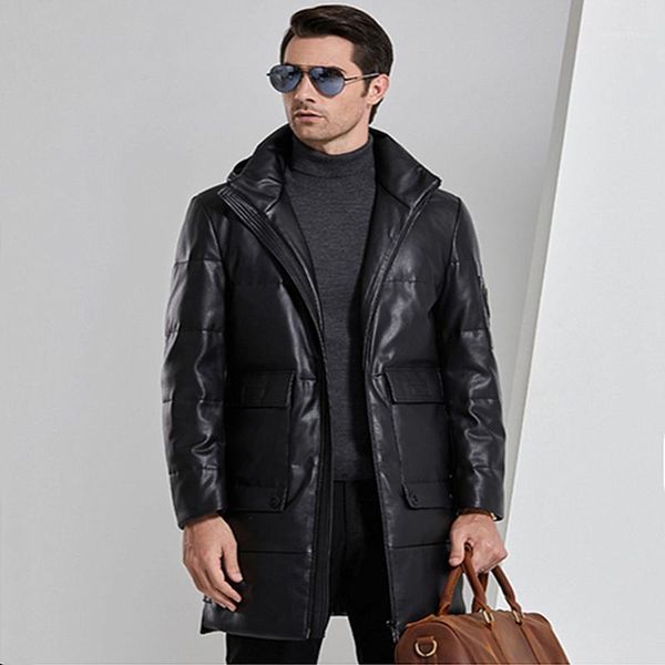 

in the winter hooded ecological genuine leather men's down jacket in the long leisure collar down jacket1, Black
