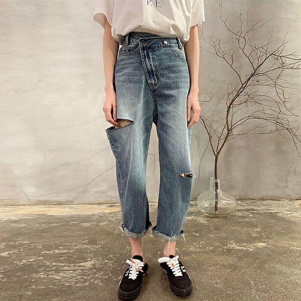 

plus size bice loose bilateral ripped straight harem jeans for women1, Blue