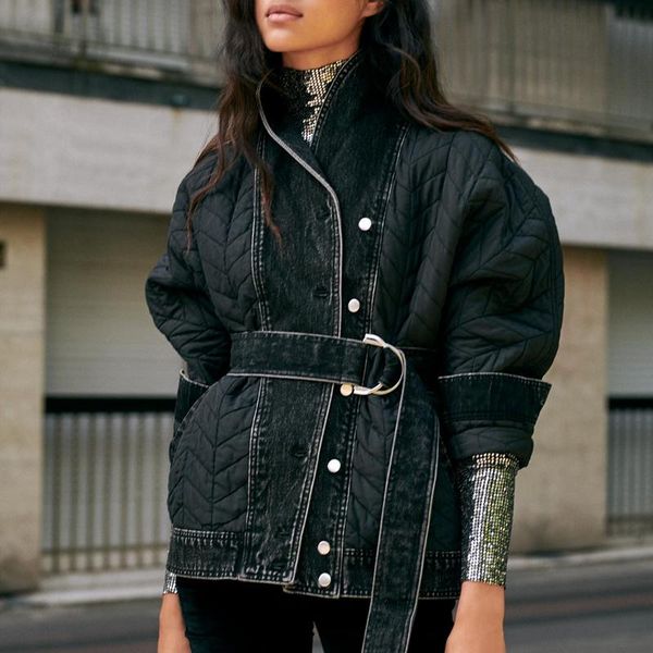 

womens jackets winter fashion temperament all match suit collar solid color single breasted design lace up denim cotton jacket women, Black;brown