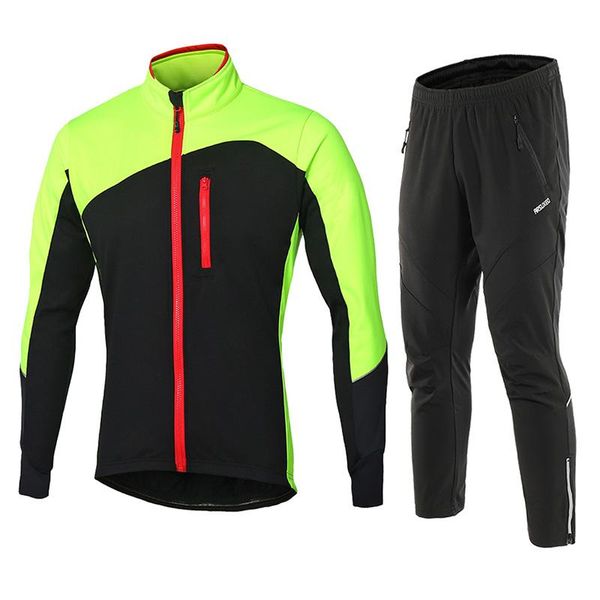 

arsuxeo reflective men's winter cycling jacket set windproof waterproof thermal fleece jacket and pants mtb bike suits clothing, Black;red