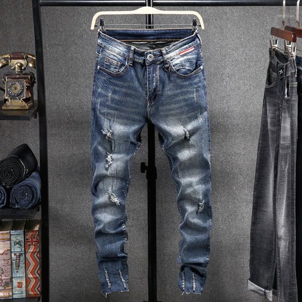 

men jeans autumn fashion casual slim-type denim pants 2019 new button zipper pocket bleached scratched streetwear denim trousers1, Blue