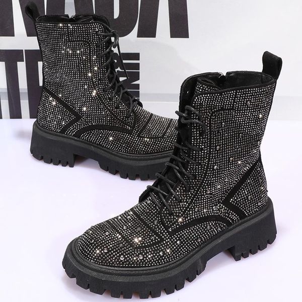 

womens round toe fur rhinestones crystal bling ankle boots platform chunky high heel warm winter snow shoes thick new 2020, Black