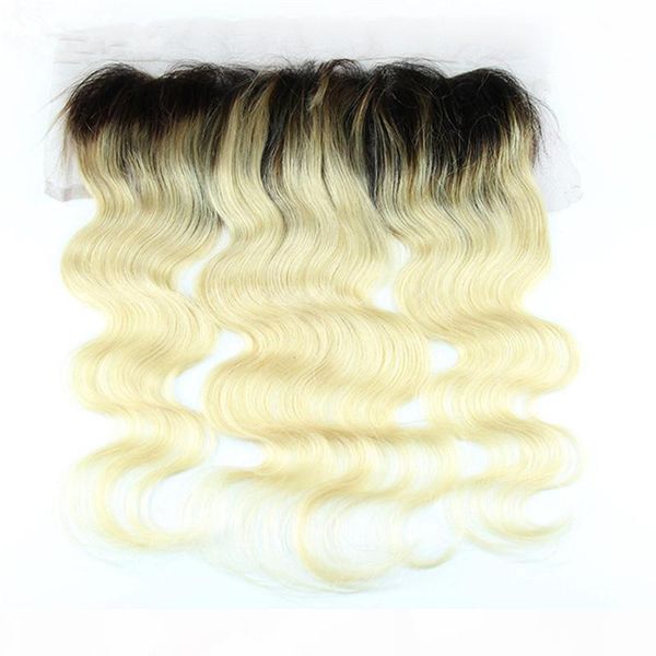 

#1b 613 two tone brazilian hair lace frontal closure body wave human hair pieces ombre 13x4 ear to ear lace frontal bleached knots, Black;brown