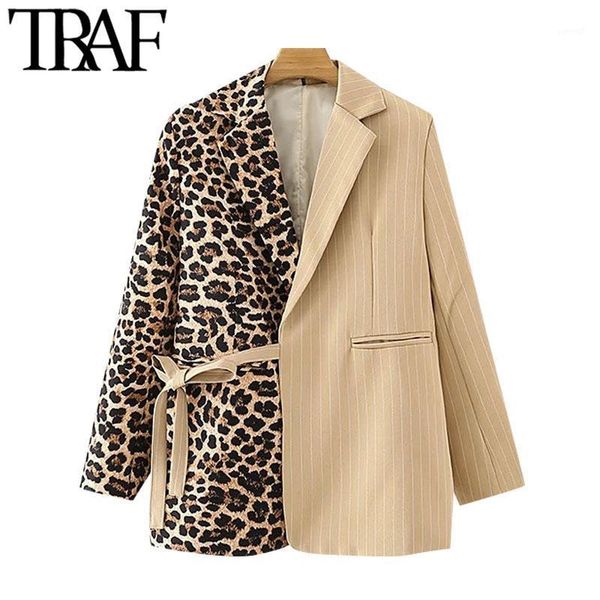 

traf women fashion leopard print patchwork blazer coat vintage long sleeve with belt female outerwear chic 1, White;black