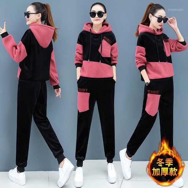 

running sets plus size winter women sportswear tracksuit thick fleece warm hoodie sweatshirt+pant jogger outfit casual set sport suit1, Black;blue