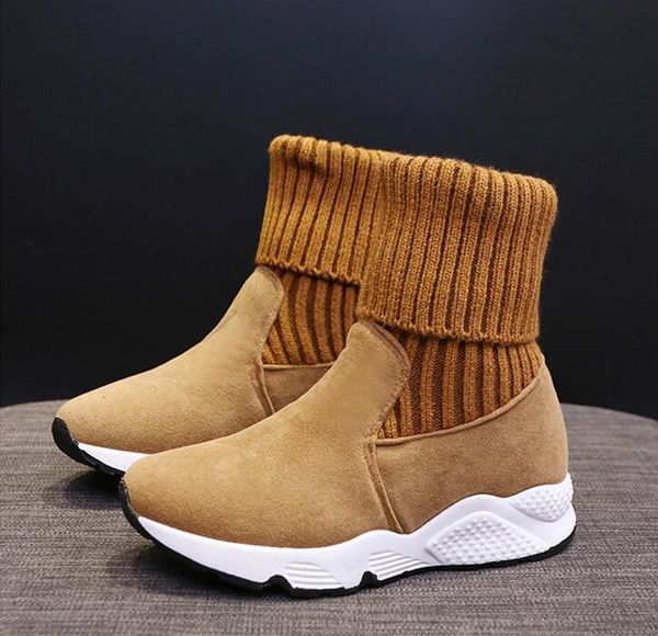 

boots women snow flock stretch sock platform plush fur warm shoes winter woman wedges ladies botas mujer, Black