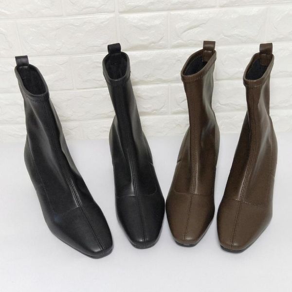 

medium heel thick heel square toe short boots women black ankle boots brown1
