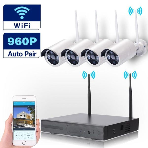 

weatherproof plug and play p2p cloud based 4ch 1.3mp 960p hd wireless wifi camera nvr kit for indoor outdoor home shop security