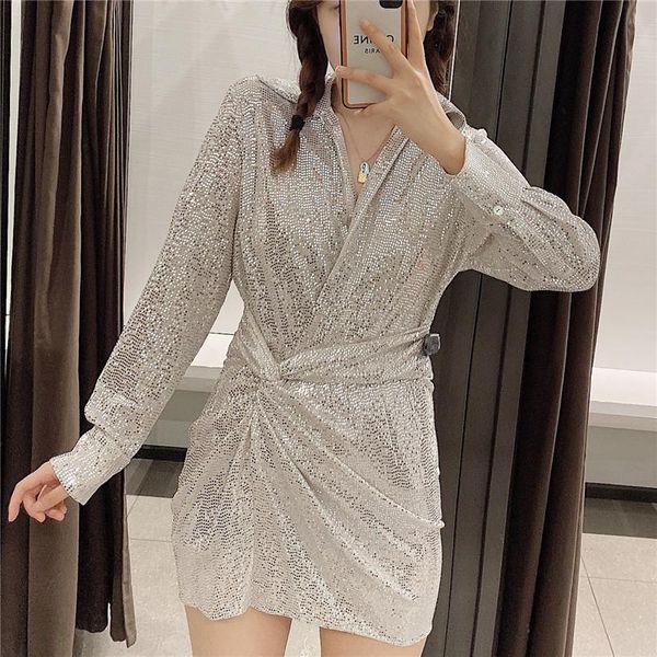 

blsqr v neck sequined wrap dress women long sleeve sprint mini dresses vestidos, Black;gray