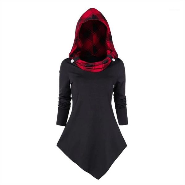 

cloak tunic asymmetric hoodies checked panel plaid long sleeve hooded casual sport clothes for women sudaderas para mujer1, Black