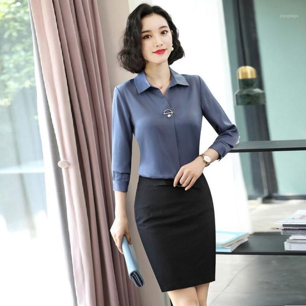 

ladies work blouses women 2 piece skirt and sets long sleeve shirts office business suits1, White