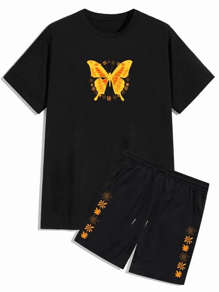 

romwe guys butterfly & floral print tee & drawstring shorts b9im#, Gray