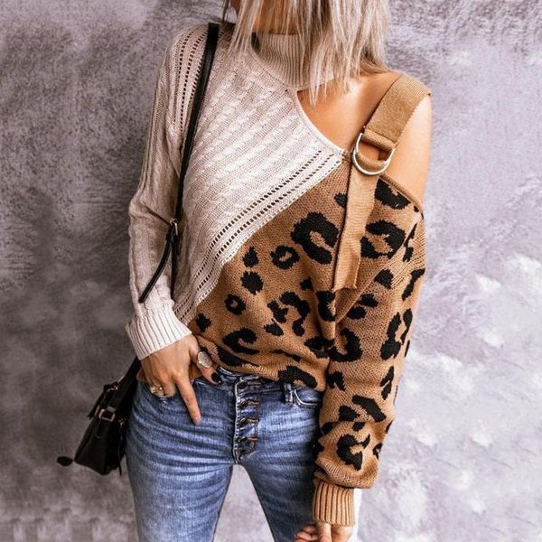 

women's sweaters women leopard patchwork turtleneck one shoulder sweater twist knitted pullover for fashion winter, White;black