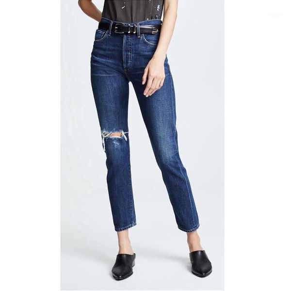 

new 8.14 chulucci 2021 fashion womne high waist washed hole denim trousers casual vintage slim straight jeans1, Blue