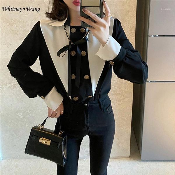 

whitney wang blouses fashion streetwear vintage style double breasted bow blouse women blusas lady shirt, White