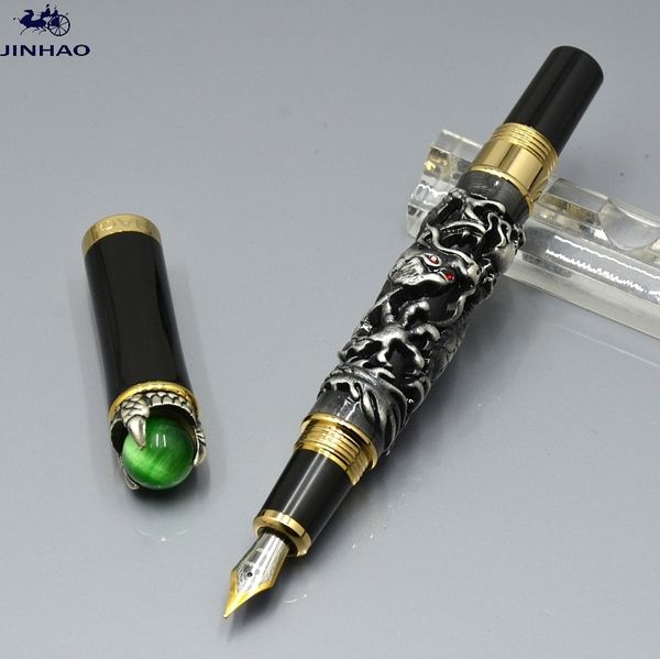 Rilievi a forma di drago di marca JINHAO di alta qualità e pennino iraurita 18K Penna stilografica classica Forniture per ufficio aziendale Scrittura Penne a inchiostro liscio