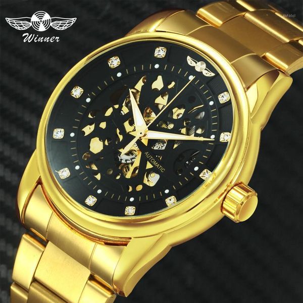 

winner business automechanical watch men golden stell strap skeleton mens watches crtystal decoration clock1, Slivery;brown