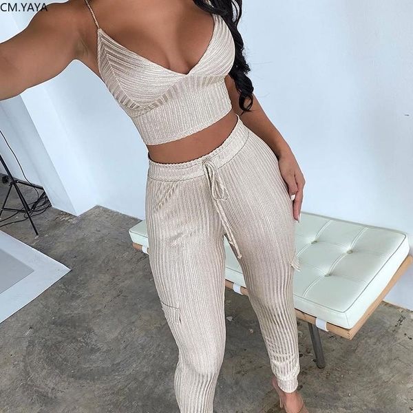 Mulheres Winter Set V-Neck sem mangas Tracksuits Strap Crop Tops Calças Terno Dois Parte Sets Party Night Club Fitness Outfits GL0811 LJ200814