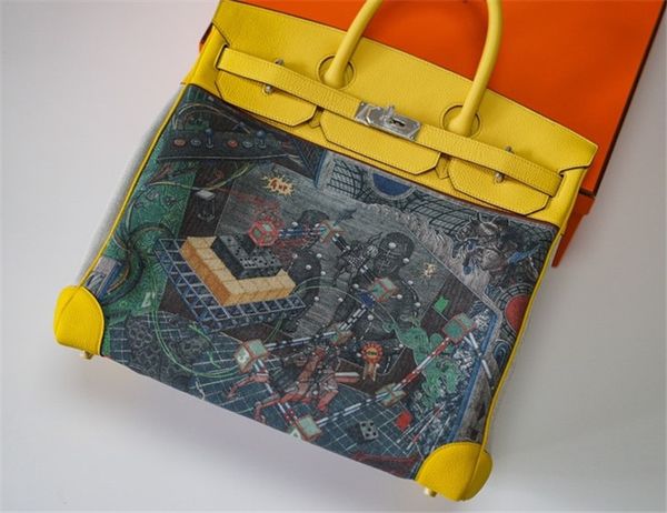 

factory whosale graffiti fully handmade yellow togo leather+cavas 40cmhac handbag,wax stitching,in stock, fast delivery