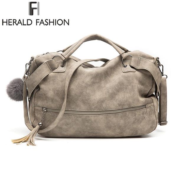 

herald fashion vintage nubuck leather female handle bags rivet larger women bags hair ball shoulder bag new motorcycle