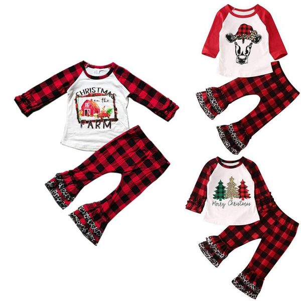 Weihnachten Mädchen Outfits Kleinkind Mädchen Plaid Tops Ausgestellte Hosen 2PCS Sets Langarm Kinder Kleidung Set Weihnachten Kinder Kleidung 3 Designs