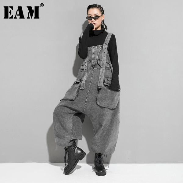 

eam] high waist black pocket split denim overalls trousers new loose fit pants women fashion tide spring autumn 2020 1k164 1020, Black;white