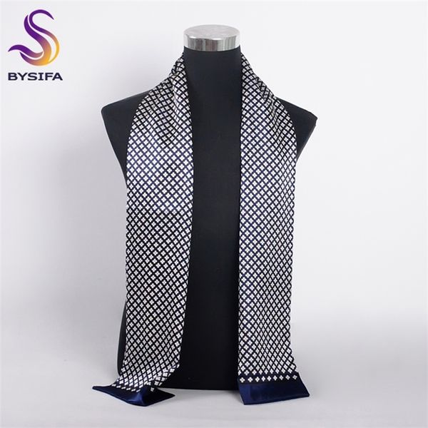 

bysifa] brand men silk scarf muffler winter fashion accessory 100% pure silk male plaid long scarves cravat navy blue 160*26cm y200110, Blue;gray